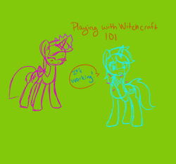 Size: 1500x1400 | Tagged: safe, artist:melodicmarzipan, lyra heartstrings, twilight sparkle, g4, dialogue, hand, magic, simple background, text, twilight sparkle (alicorn)
