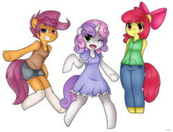 Size: 1280x973 | Tagged: safe, artist:leslers, apple bloom, scootaloo, sweetie belle, anthro, unguligrade anthro, g4, anatomically incorrect, arm hooves, clothes, cutie mark crusaders, dress, incorrect leg anatomy, jeans, pants, shorts, simple background, standing