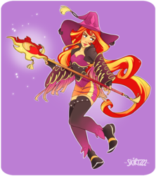 Size: 2224x2500 | Tagged: safe, artist:skirtzzz, sunset shimmer, equestria girls, g4, black mage, clothes, crossover, dress, dressphere, female, final fantasy, final fantasy x-2, hat, high res, nail polish, purple background, simple background, socks, solo, staff, thigh highs, witch hat