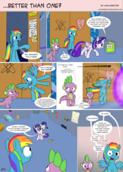 Size: 1024x1434 | Tagged: safe, artist:halflingpony, rainbow dash, rarity, spike, twilight sparkle, alicorn, dragon, pegasus, pony, g4, comic, conjoined, female, fusion, magic fail, male, mare, spell gone wrong, twilight sparkle (alicorn), we have become one