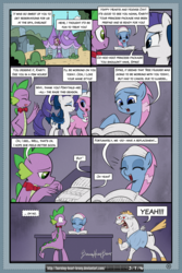 Size: 2100x3150 | Tagged: safe, artist:burning-heart-brony, aloe, bulk biceps, lotus blossom, rarity, spike, comic:friendship isnt canon, g4, alternate hairstyle, bow, bowtie, comic, dialogue, female, high res, male, ponytail, ship:sparity, shipping, straight, tail bow, this will end in pain