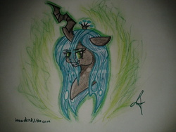 Size: 1024x768 | Tagged: safe, artist:invaderkj, queen chrysalis, changeling, changeling queen, g4, female, grin, solo, traditional art