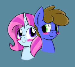 Size: 1111x1000 | Tagged: safe, artist:melodicmarzipan, oc, oc only, oc:marzi, oc:navy shell, pegasus, pony, unicorn, blushing, duo, female, looking at each other, looking at someone, male, oc x oc, shipping, simple background, smiling, smiling at each other, straight
