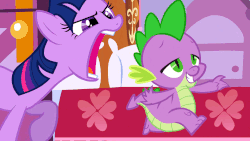 Size: 960x540 | Tagged: safe, screencap, spike, twilight sparkle, dragon, pony, unicorn, g4, green isn't your color, bed, bedroom, female, frown, gif, glare, grin, horses doing horse things, imminent bite, lidded eyes, male, mare, non-animated gif, open mouth, out of context, raised hoof, smiling, smirk, unicorn twilight, walking