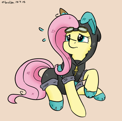 Size: 572x566 | Tagged: safe, artist:melodicmarzipan, fluttershy, pegasus, pony, g4, bunny ears, clothes, costume, dangerous mission outfit, female, goggles, hoodie, mare, simple background, solo