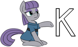 Size: 1007x616 | Tagged: safe, artist:melodicmarzipan, maud pie, earth pony, pony, g4, alphabet, clothes, female, k, letter, mare, raised hoof, reaction image, simple background, sitting, solo, white background