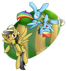 Size: 1124x1208 | Tagged: safe, artist:melodicmarzipan, daring do, rainbow dash, pegasus, pony, g4, clothes, cosplay, costume, flying, simple background, transparent background, tree, upside down