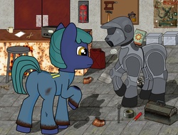 Size: 2100x1600 | Tagged: safe, artist:bashi_hart, oc, oc only, oc:cloudy day, pony, armor, butt, fallout, fallout 4, plot, powered exoskeleton, solo