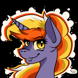 Size: 2500x2500 | Tagged: safe, artist:sparc, oc, oc only, oc:candy corn, bat pony, pony, fangs, female, high res, looking at you, mare, smiling, solo