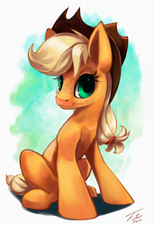 Size: 822x1200 | Tagged: safe, artist:tsitra360, applejack, g4, female, freckles, looking at you, sitting, smiling, solo