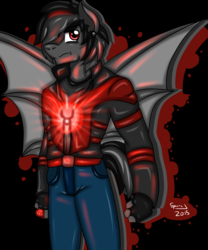 Size: 2500x3000 | Tagged: safe, artist:sparc, oc, oc only, bat pony, anthro, anthro oc, clothes, commission, ear piercing, high res, jacket, piercing, red lantern, ring, solo