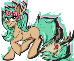 Size: 3000x2500 | Tagged: safe, artist:sparc, oc, oc only, oc:perish song, commission, flower, flower in hair, high res, looking at you, skull, solo, tailmouth