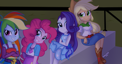 Size: 1024x538 | Tagged: dead source, safe, artist:wubcakeva, applejack, pinkie pie, rainbow dash, rarity, equestria girls, g4, applejack's hat, boots, clothes, cowboy boots, cowboy hat, crossed arms, denim skirt, dress, fall formal outfits, female, hat, shoes, skirt, smiling, stetson