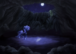 Size: 1106x790 | Tagged: safe, artist:spacechickennerd, oc, oc only, oc:midnight ripple, original species, pond pony, moon, night, pond, solo