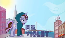 Size: 1000x588 | Tagged: safe, artist:sonyalynn, artist:tsitra360, oc, oc only, oc:violet dream, pony, unicorn, clothes, hoodie, mr robot, san francisco