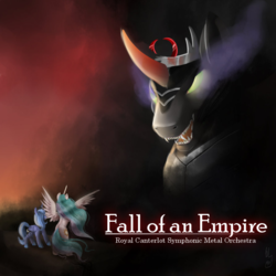 Size: 894x894 | Tagged: safe, artist:dertaii, edit, king sombra, princess celestia, princess luna, alicorn, pony, umbrum, fall of the crystal empire, g4, album cover, dark magic, fall of an empire, fight, magic, metal, royal sisters, s1 luna, siblings, sisters, sombra eyes