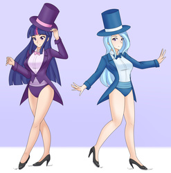 Size: 2500x2535 | Tagged: safe, artist:jonfawkes, trixie, twilight sparkle, human, beautiful, bowtie, clothes, commission, cute, dancing, diatrixes, duo, hat, high heels, humanized, jazz hands, legs, leotard, magician, magician outfit, shoes, smiling, tap dancing, top hat, tuxedo, twiabetes
