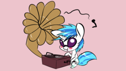 Size: 1280x720 | Tagged: safe, artist:underpable, dj pon-3, vinyl scratch, pony, g4, blushing, chibi, cutie mark, female, glasses, gramophone, music, music notes, open mouth, sitting, smiling, solo