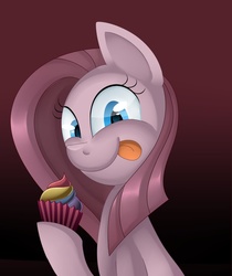 Size: 820x975 | Tagged: safe, artist:mandy_the_pantie_pone, pinkie pie, earth pony, pony, fanfic:cupcakes, g4, cupcake, female, food, looking at you, pinkamena diane pie, rainbow cupcake, solo, tongue out