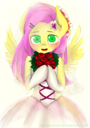 Size: 2893x4092 | Tagged: safe, artist:monochromacat, part of a set, fluttershy, semi-anthro, g4, blushing, bouquet, clothes, dress, female, looking at you, monochromacat's wedding series, part of a series, solo, spread wings, wedding dress
