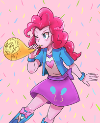Size: 800x978 | Tagged: safe, artist:tzc, pinkie pie, equestria girls, g4, balloon, blowing, blowing up balloons, bracelet, clothes, cute, female, jacket, one eye closed, skirt, solo
