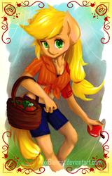 Size: 1944x3043 | Tagged: safe, artist:monochromacat, applejack, earth pony, anthro, g4, apple, basket, clothes, female, food, front knot midriff, midriff, shorts, solo