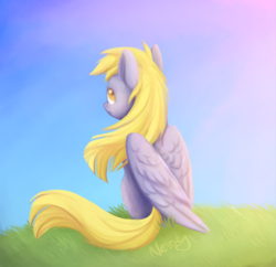 Size: 879x851 | Tagged: safe, artist:netoey, derpy hooves, pegasus, pony, g4, colored pupils, female, looking back, sitting, solo, windswept mane