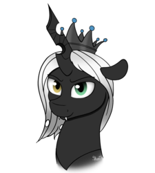 Size: 900x1000 | Tagged: safe, artist:spirit-dude, oc, oc only, oc:king ao, changeling, bust, changeling king, changeling oc, heterochromia, male, smiling, solo, white changeling