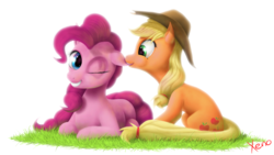 Size: 1024x576 | Tagged: safe, artist:the1xeno1, applejack, pinkie pie, pony, g4, applejack's hat, cowboy hat, duo, ear bite, hat, one eye closed, simple background, white background, wink