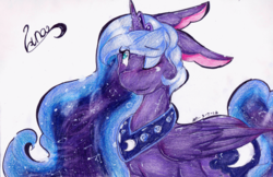 Size: 3508x2279 | Tagged: safe, artist:mscolorsplash, princess luna, g4, female, floppy ears, high res, simple background, solo, traditional art, wink