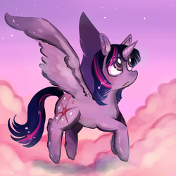 Size: 2000x2000 | Tagged: safe, artist:puffpink, twilight sparkle, alicorn, pony, g4, female, flying, high res, implied sunsetsparkle, mare, solo, stars, twilight (astronomy), twilight sparkle (alicorn)