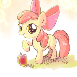 Size: 950x950 | Tagged: safe, artist:mr.sugar, apple bloom, earth pony, pony, g4, adorabloom, apple, cute, female, filly, foal, food, looking at you, simple background, solo