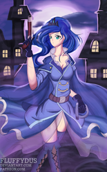 Size: 1891x3048 | Tagged: safe, artist:fluffydus, princess luna, human, g4, boots, clothes, female, gloves, gun, humanized, moon, night, solo, sword, weapon