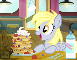 Size: 900x695 | Tagged: safe, artist:pixelkitties, derpy hooves, pegasus, pony, g4, cute, derpabetes, female, food, mare, national pancake day, pancakes, solo