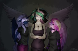 Size: 1600x1050 | Tagged: safe, artist:rainbowhitter, princess cadance, princess celestia, princess luna, anthro, g4, alicorn triarchy, big breasts, breasts, emo, female