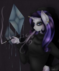 Size: 1000x1200 | Tagged: safe, artist:rainbowhitter, rarity, anthro, g4, cigarette, cigarette holder, clothes, ear piercing, emo, female, piercing, smoking, solo, wet