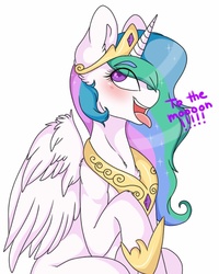 Size: 800x1000 | Tagged: safe, artist:drducksauce, princess celestia, g4, blushing, female, raised hoof, simple background, sitting, solo, to the moon, tongue out, trollestia