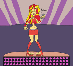 Size: 2173x1985 | Tagged: safe, artist:hunterxcolleen, sunset shimmer, human, equestria girls, g4, belly button, bracelet, concert, dancing, feet, gazelle (zootopia), high heels, humanized, microphone, midriff, sandals, shakira, singing, stage, zootopia
