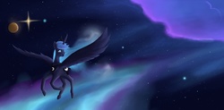 Size: 10000x4934 | Tagged: safe, artist:majorlaughmaster, princess luna, g4, absurd resolution, female, flying, nebula, planet, solo, space, stars