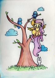 Size: 1983x2784 | Tagged: safe, artist:cutepencilcase, fluttershy, bird, pegasus, pony, rabbit, g4, female, in a tree, looking down, mare, sitting, solo, spread wings, traditional art, tree, watercolor painting, wings
