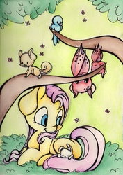 Size: 1975x2784 | Tagged: safe, artist:cutepencilcase, fluttershy, bat, bird, butterfly, rabbit, squirrel, g4, female, prone, solo, traditional art, watercolor painting