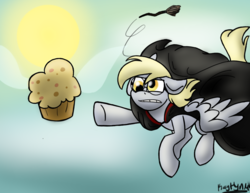Size: 1018x785 | Tagged: safe, artist:kerorolover16, derpy hooves, pegasus, pony, g4, female, food, harry potter, harry potter (series), mare, muffin, parody, quidditch, solo