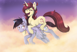 Size: 1716x1158 | Tagged: safe, artist:doekitty, oc, oc only, oc:hazel, oc:raios, flying, riding