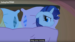 Size: 960x540 | Tagged: safe, screencap, applejack, rarity, g4, look before you sleep, bed, golden oaks library, meme, youtube caption
