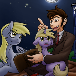 Size: 750x750 | Tagged: safe, artist:gildeddaemon, derpy hooves, dinky hooves, human, g4, blazer, book, clothes, converse, crossover, david tennant, doctor who, moon, necktie, pants, pointing, reading, shirt, shoes, sideburns, tardis, tenth doctor, the doctor, timelord, trainers