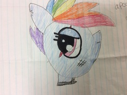 Size: 2592x1936 | Tagged: safe, artist:paper pony artwork, artist:rihanna bell pepper, rainbow dash, g4, alternate timeline, apocalypse dash, crystal war timeline, lined paper, paper, pencil drawing, scar, scratches, sharpie used, torn ear, traditional art