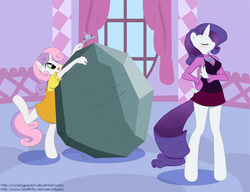 Size: 1000x769 | Tagged: safe, artist:miu, rarity, sweetie belle, tom, anthro, unguligrade anthro, g4, anatomically incorrect, clothes, dress, miniskirt, skirt, tiara