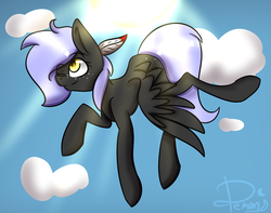 Size: 1581x1246 | Tagged: safe, artist:demonpone, oc, oc only, pegasus, pony, cloud, feather, flying, one eye closed, sky, solo