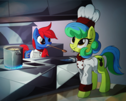Size: 2383x1920 | Tagged: safe, artist:ruhisu, oc, oc only, earth pony, pony, chef, chef's hat, cooking, cooking pot, duo, duo female, female, hat, kitchen, mare, mouth hold, munching, restaurant, spoon, stew