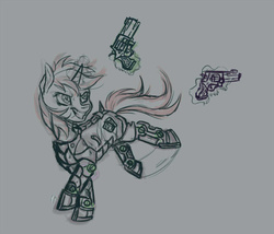 Size: 800x686 | Tagged: safe, artist:lya, oc, oc only, oc:blackjack, cyborg, pony, unicorn, fallout equestria, fallout equestria: project horizons, amputee, augmented, cyber legs, cybernetic legs, fanfic, fanfic art, female, glowing horn, grin, gun, hooves, horn, levitation, magic, mare, revolver, running, simple background, sketch, smiling, solo, telekinesis, weapon, white background